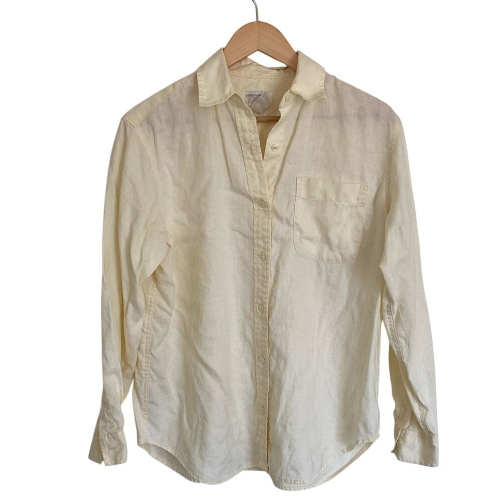 Jones New York Womens 100%‎ Linen Button Up Shirt Size MP Yellow Long Sleeve